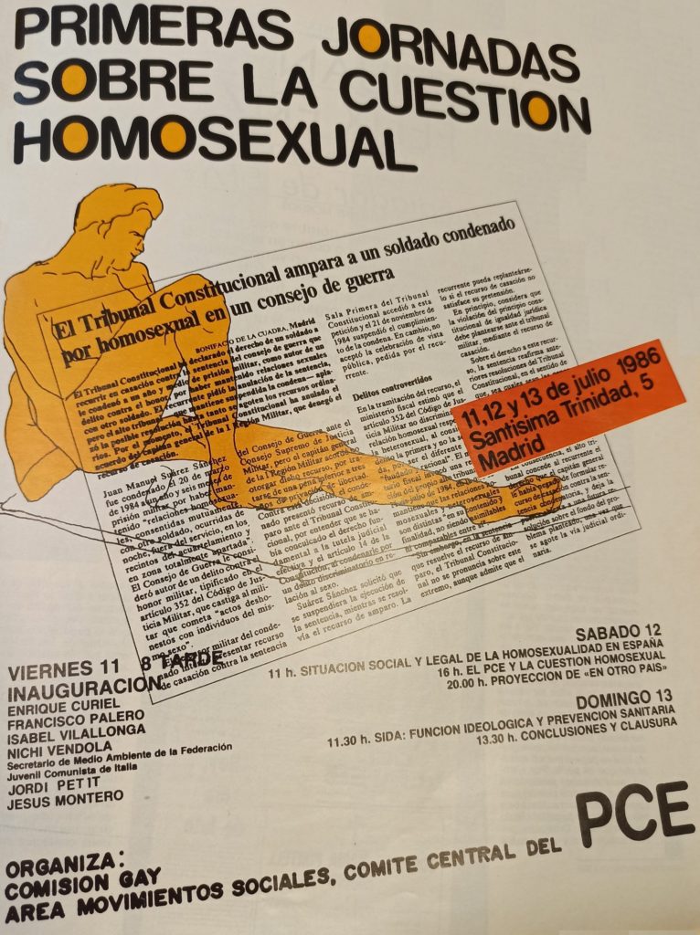 Cartel PCE de las Primeras Jornadas sobre la Cuestión Homosexual. 11 a 13 de julio de 1986. Archivo histórico del PCE
