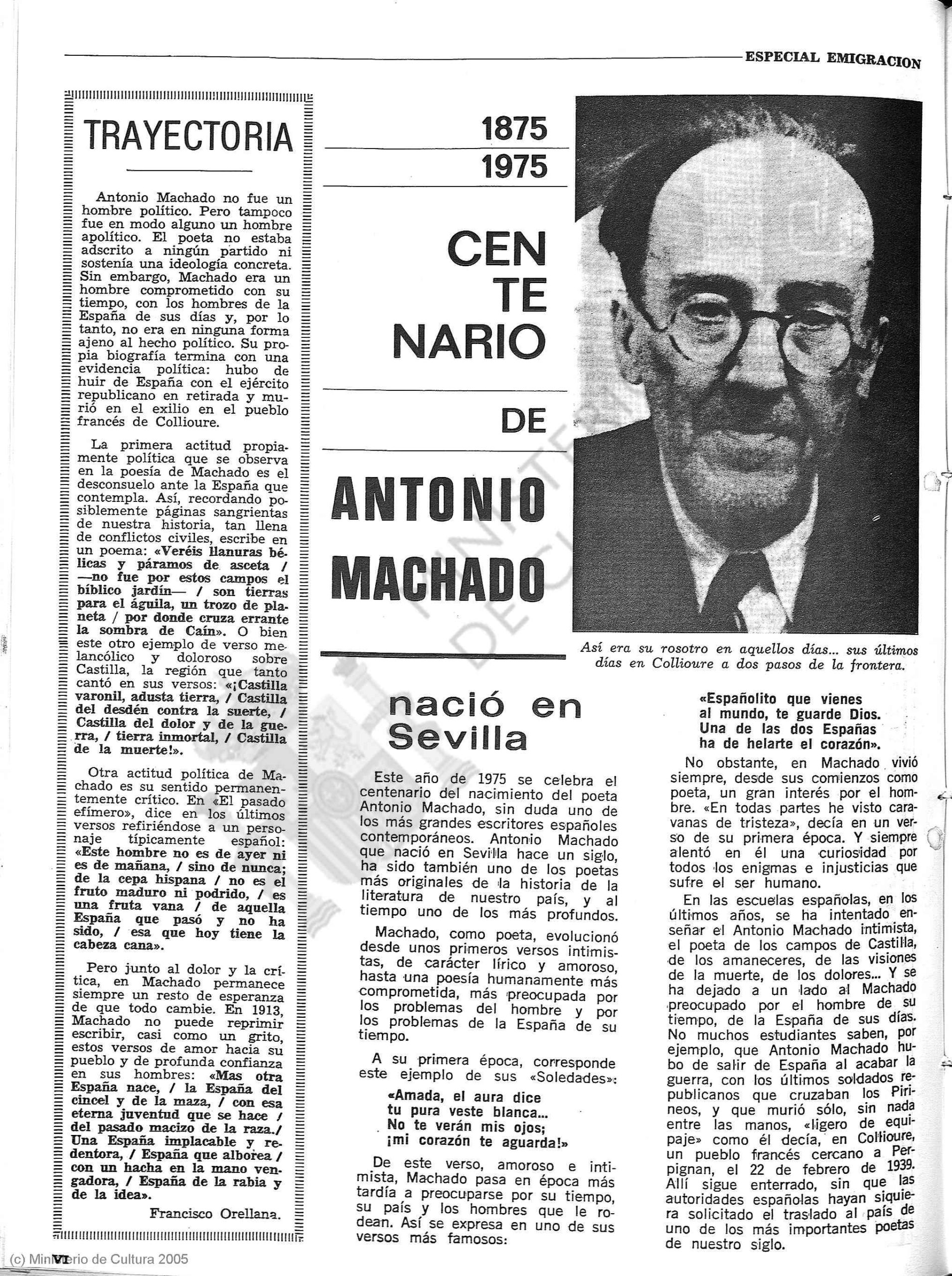 Columna de Paco Orellana sobre A. Machado en Mundo Obrero n.º 8 abril de 1975