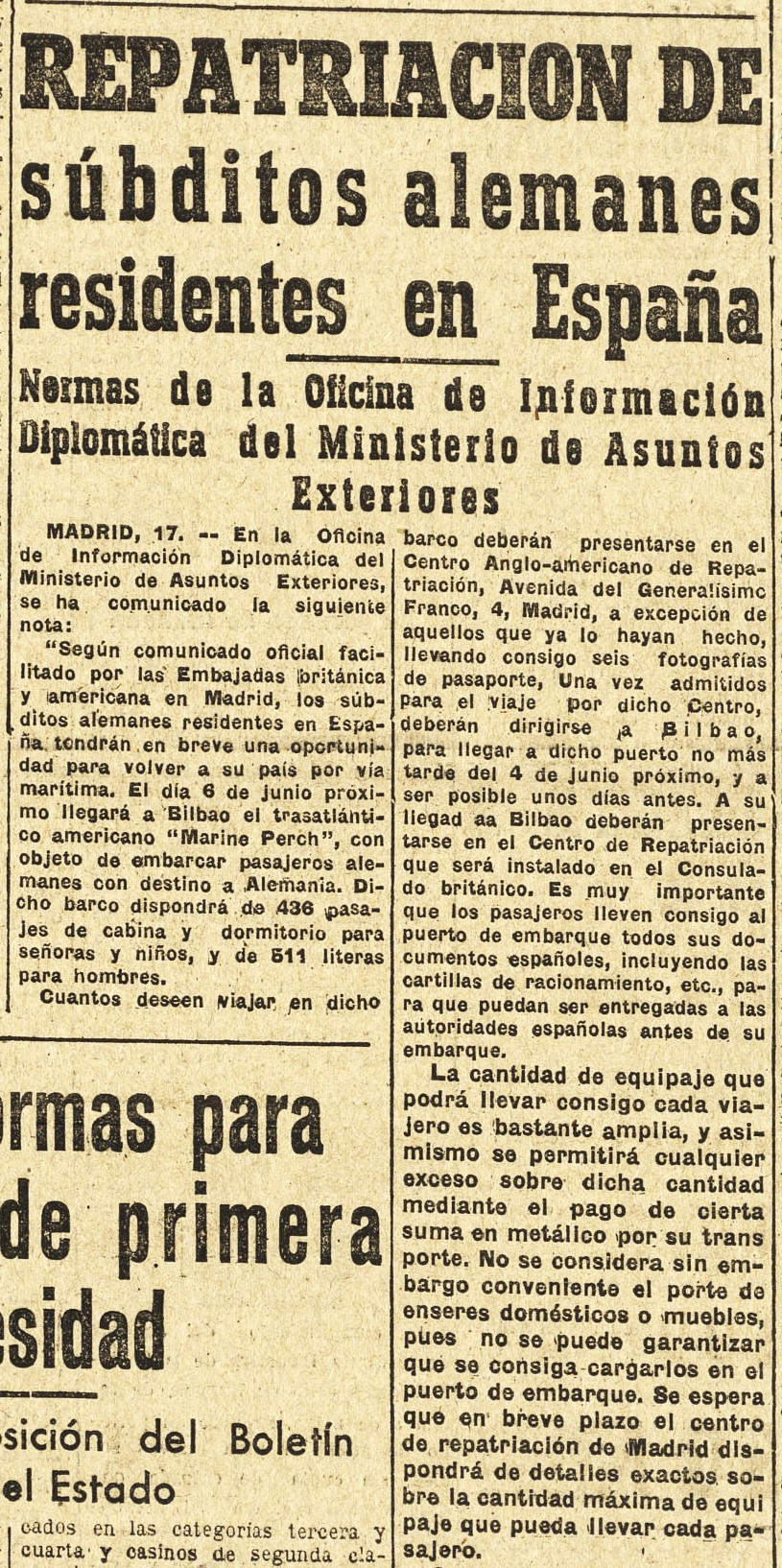 Anuncio de repatriación de súbditos alemanes en el Marine Perch. La voz de Castilla 18 de mayo de 1946