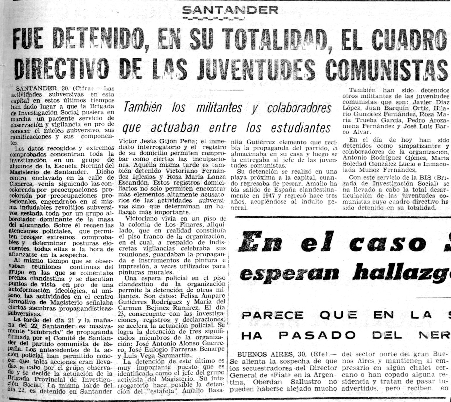 Noticia de la agencia Cifra sobre la detención de estudiantes, dirigentes de las Juventudes Comunistas en Cantabria publicada en el diario Baleares, órgano de Falange Española, el 31 de marzo de 1972.