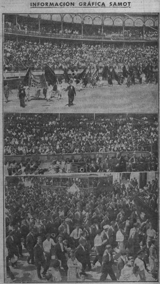 Información gráfica Samot. Arriba, desfile de banderas; en medio, aspecto de un tendido; abajo, cabeza de la manifestación. El Socialista, 29 de agosto de 1933. Fundación Pablo Iglesias