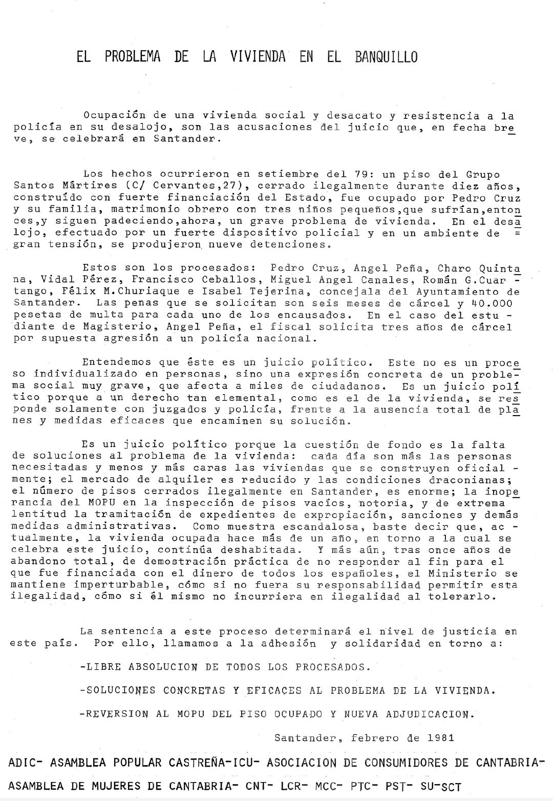 manifiesto contra el procesamiento de los participantes en la ocupación del piso que posteriormente fue utilizado por Hormaechea como excusa para retirarla el acta de concejala.