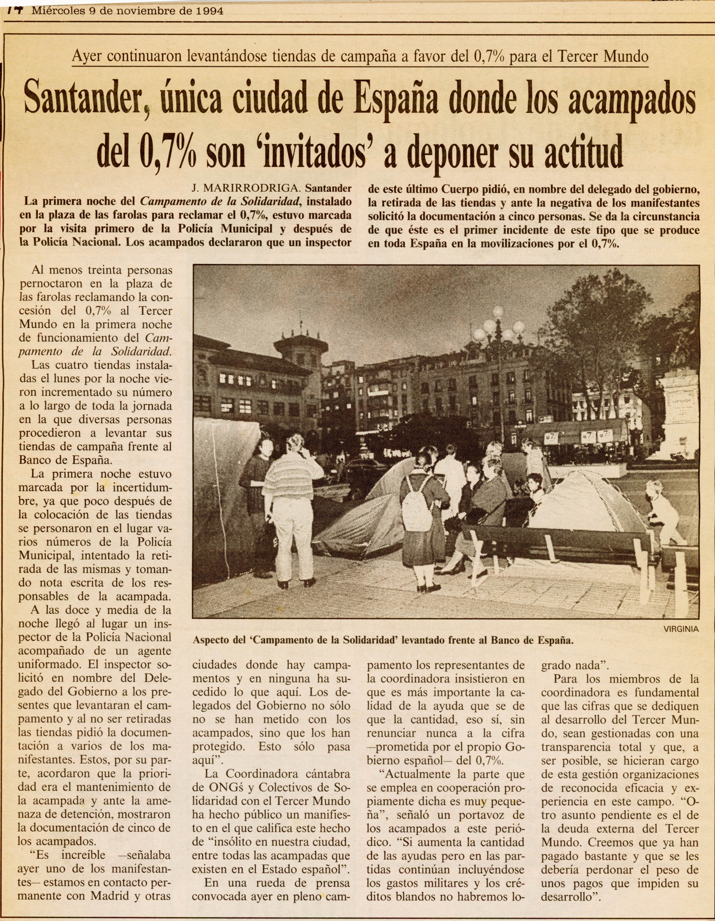 Noticia aparecida en el diario Alerta del 9 de noviembre de 2014, en el que se recoge la visita de la policía local y nacional solicitando que abandonara las acampada.