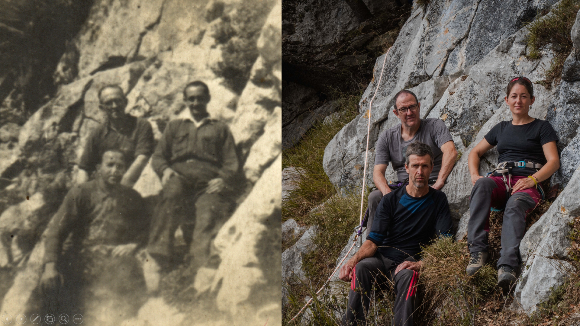 Montaje con la foto histórica y una recreación en el mismo lugar, en la que aparecen un miembro de Desmemoriados junto a los descubridores de la cueva, Delia Guardo y en la parte inferior Jesús Pelayo. /Foto Pablo Lasén