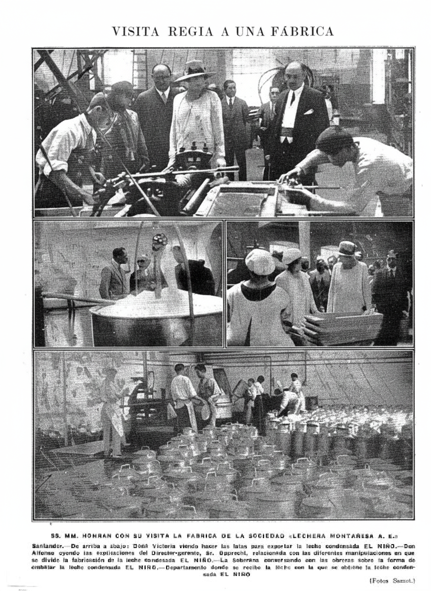 Reportaje fotográfico de la visita de Alfonso XIII y Victoria Eugenia a la fábrica de “La Lechera Montañesa” en Torrelavega. Fotografías de Samot en La Unión Ilustrada, 1/9/1927