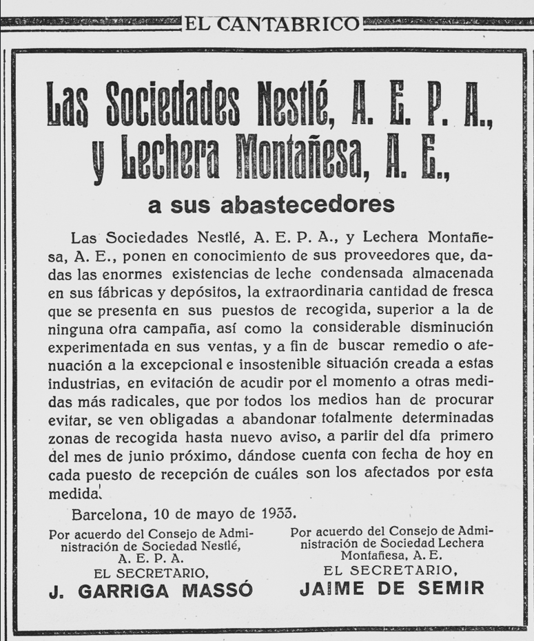 Comunicado de Nestlé y la Lechera Montañesa a sus proveedores de abandono de algunas zonas de recogida de leche