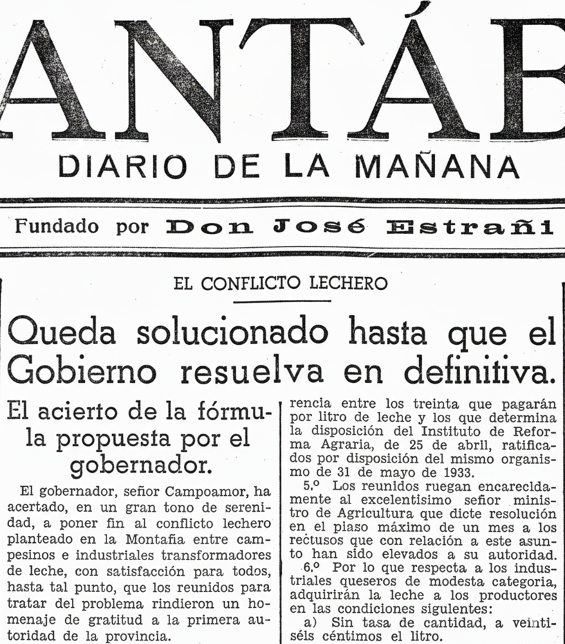 Titular de El Cantábrico el 8/6/1933 anunciando la solución momentánea del conflicto lechero