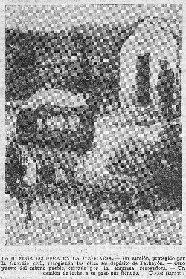 Fotografías de Samot en El Cantábrico el 10/3/1934. Operaciones de carga y transporte de ollas de leche con presencia de Guardia Civil