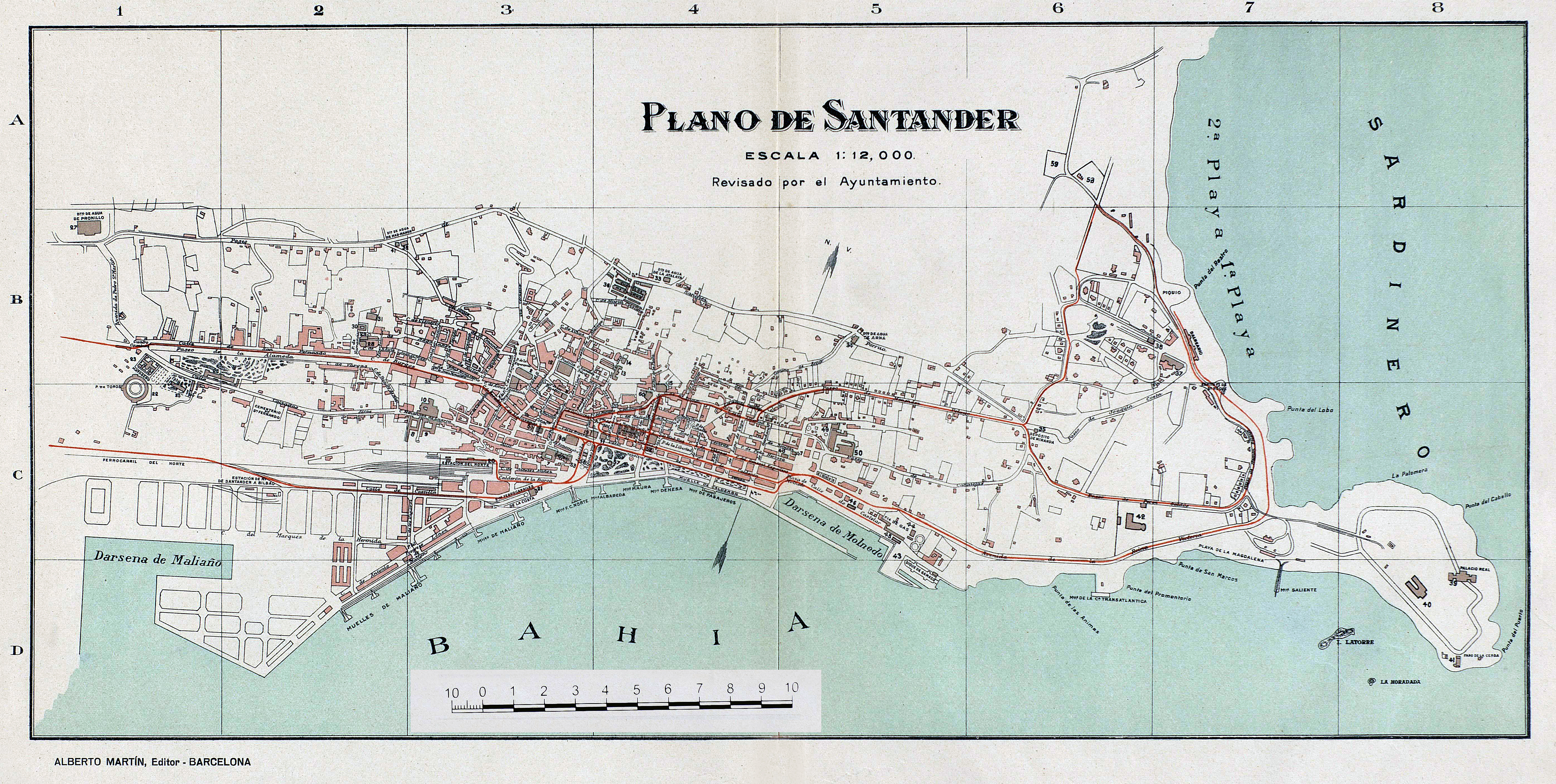 Plano de Santander en 1918 enn el que son visibles las líneas de tranvía (en rojo). España Regional