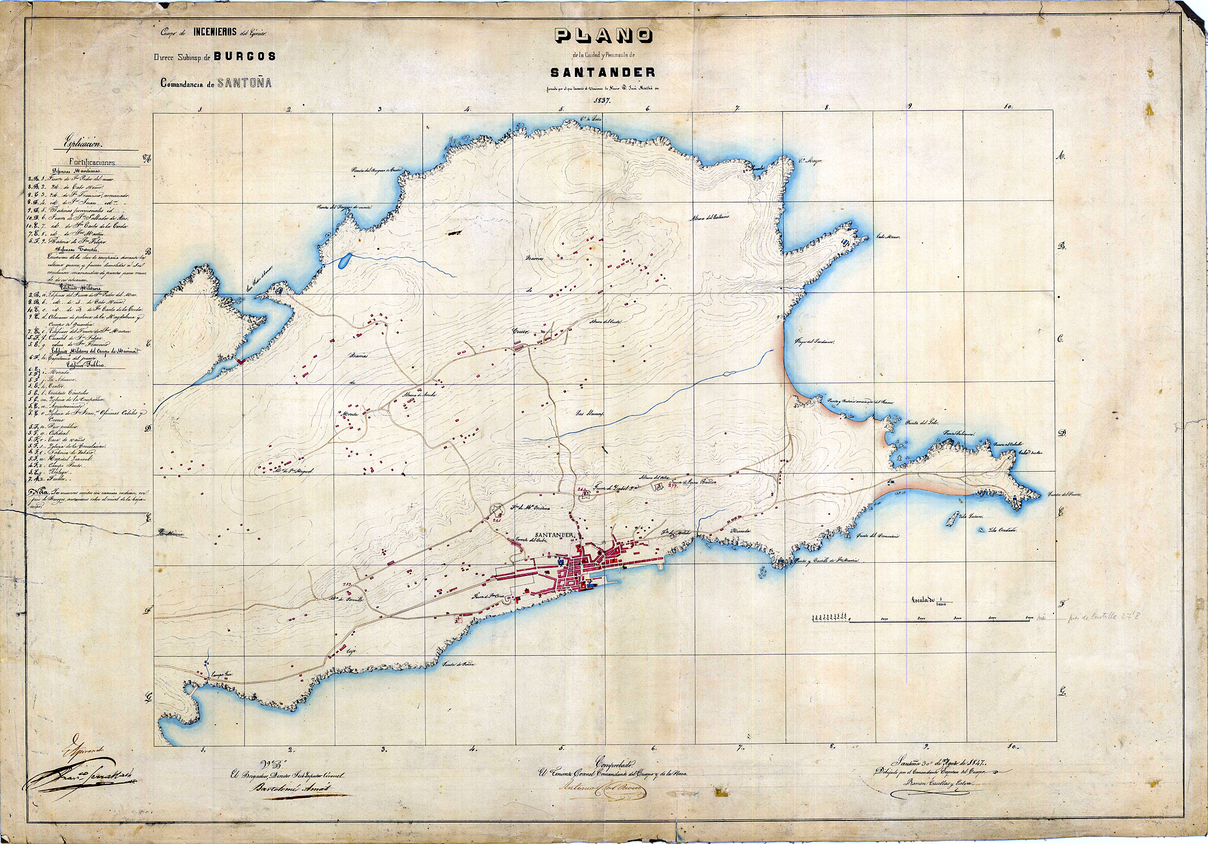 Santander en 1837. Plano de J.Mª Mathé. Biblioteca Virtual de Defensa